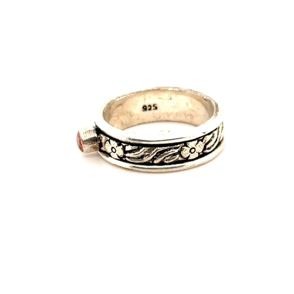 Sterling Silver 925 Floral Spinner Ring Orange Red Stone Boho Meditation Band 10